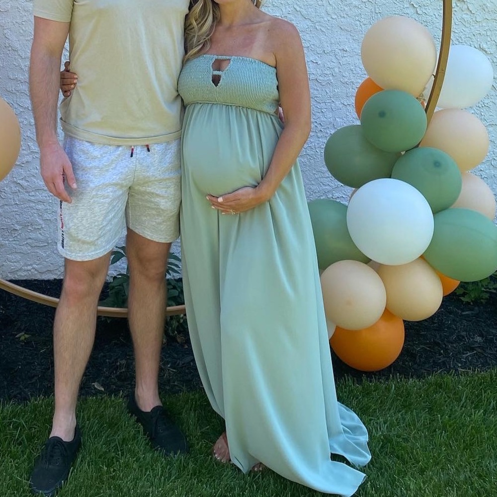 Long, sage green dress from Pink Lilly.